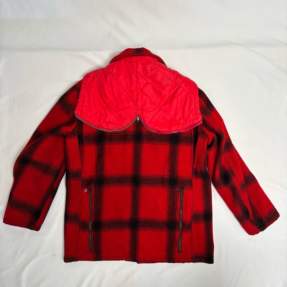 Vintage 30s Buffalo Hunting Jacket w Hood Mens Medium Red Plaid 1940s Wool Coat - Picture 3 of 16